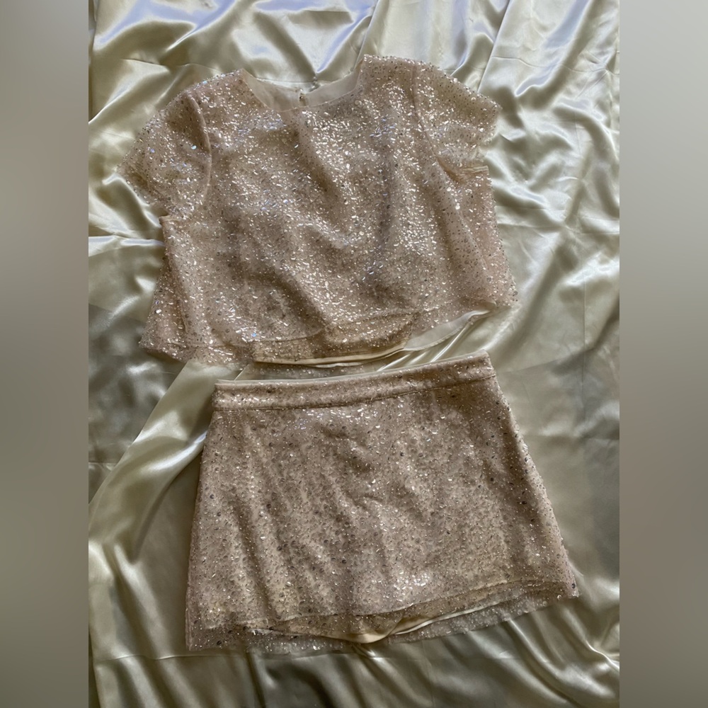 BHLDN Paradis Ivory Sequin Mini Skirt & Top Set Bride Size 4 Rare Bachelorette
